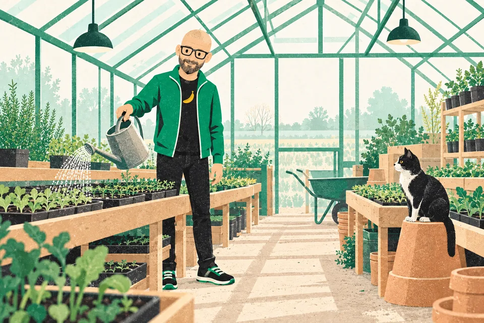 Tecknade Svenne vattnar plantor i ett växthus medan en katt sitter på en blomkruka och tittar på.