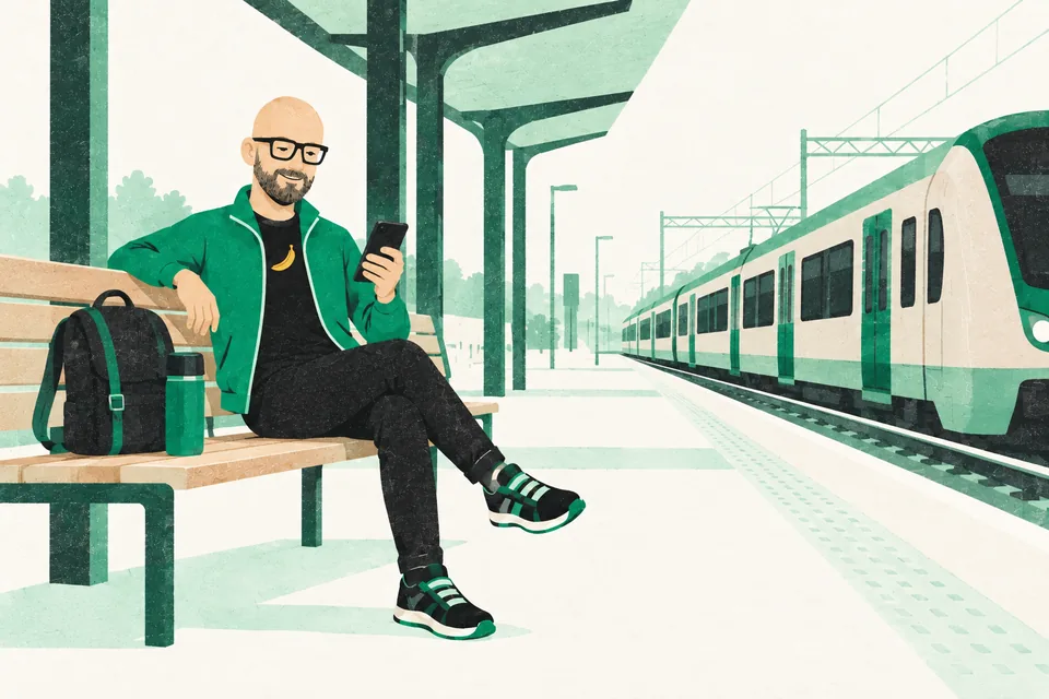 Tecknade Svenne sitter på en bänk på en tom perrong tidigt på morgonen med mobilen i handen, bredvid en ryggsäck och en termos.
