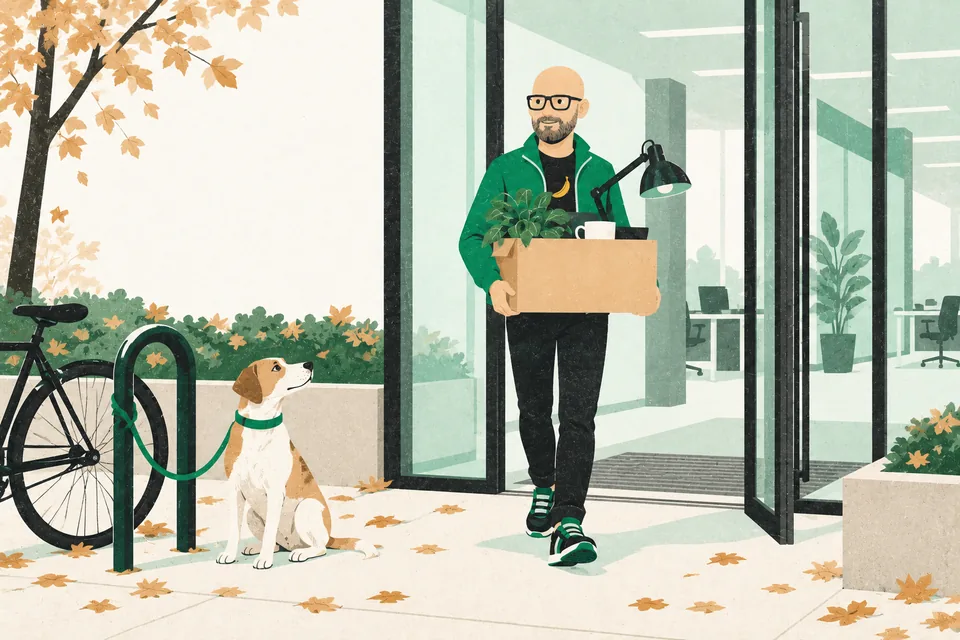 Tecknade Svenne går ut från en tom kontorsbyggnad med en kartong med krukväxt, kaffemugg och skrivbordslampa, medan en hund väntar vid cykelstället.
