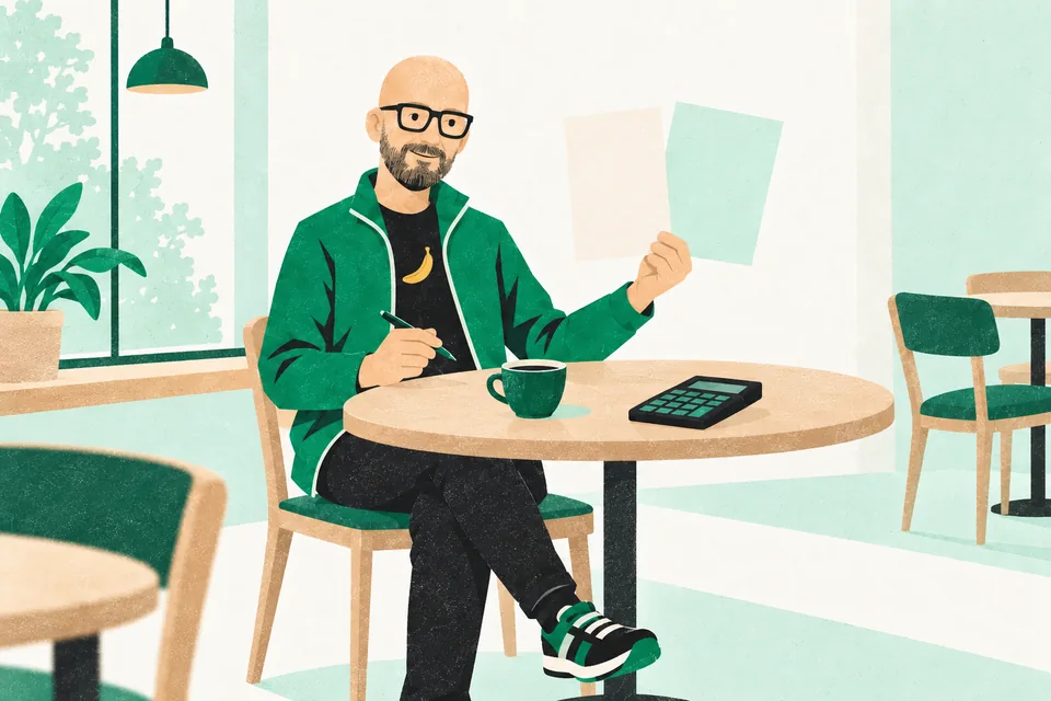 Tecknade Svenne på ett tomt kafé jämför två papper med varandra, med en miniräknare och en kaffekopp på bordet.