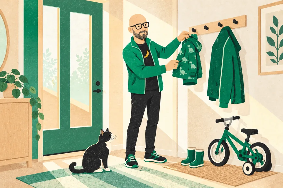 Tecknade Svenne hänger upp en liten barnjacka i hallen bredvid sin egen, med en barncykel och små stövlar på golvet och en katt som tittar på.